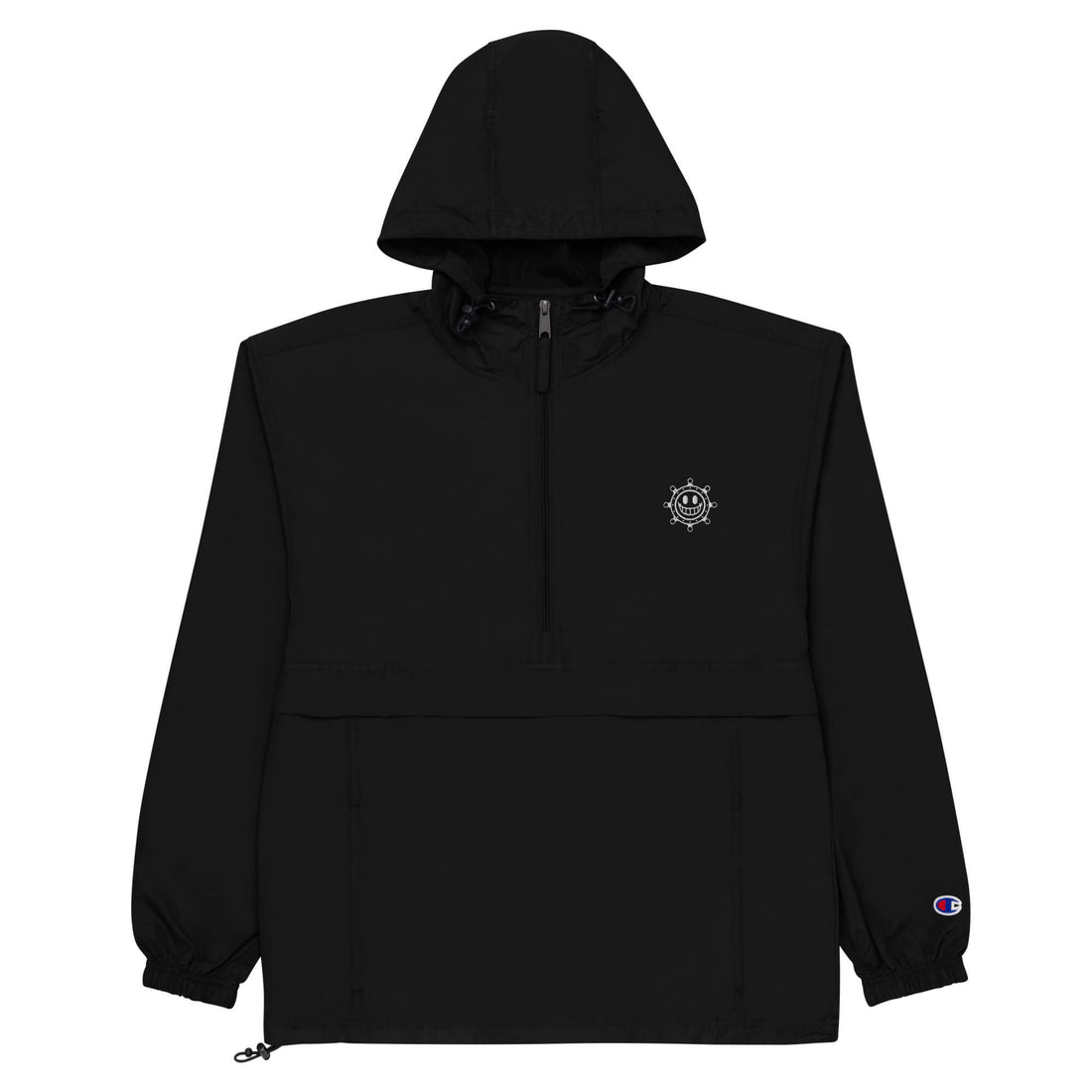 The embroidered champion packable jacket in black.