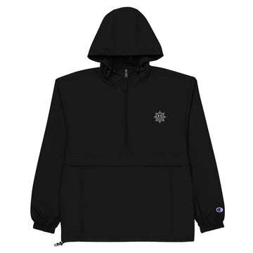 The embroidered champion packable jacket in black.