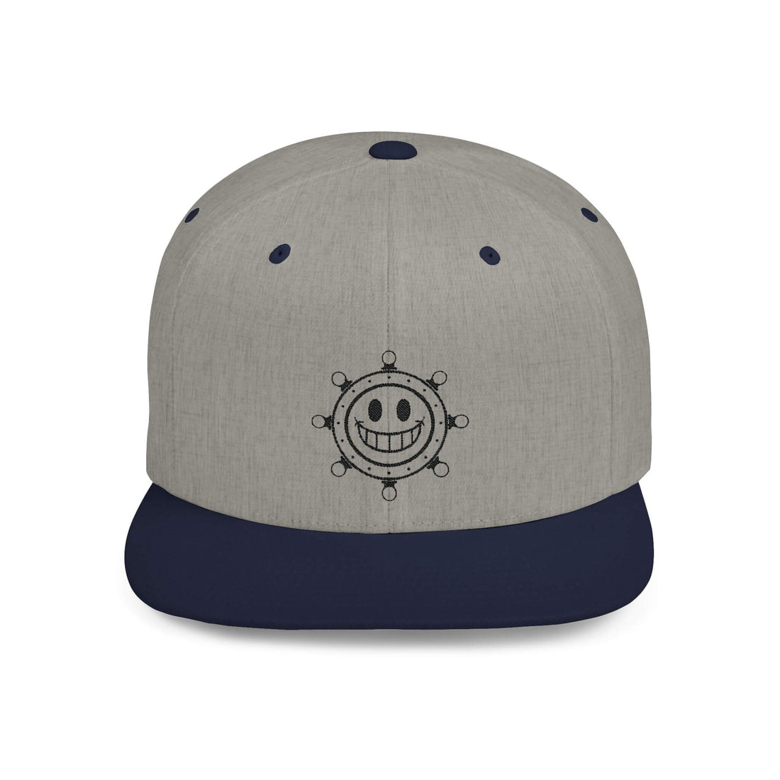 The flat bill snapback hat in heather grey navy.